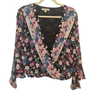 Guess Floral Bell‎ Long Sleeve Surplice Blouse Top Feminine Office Boho Large